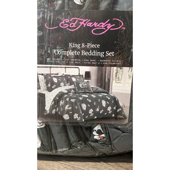 New Ed Hardy King 8Pc Complete Bedding Set Comforter Sheet Pillowcase Black - Picture 7 of 12